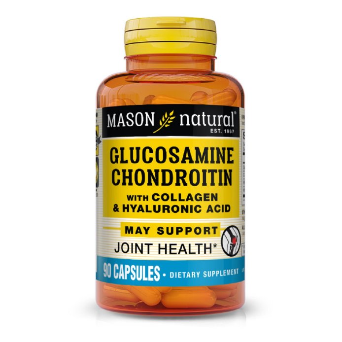 Глюкозамин, хондроитин с коллагеном и гиалуроновой кислотой, Glucosamine Chondroitin With Collagen & Hyaluronic Acid, Mason Natural, 90 капсул