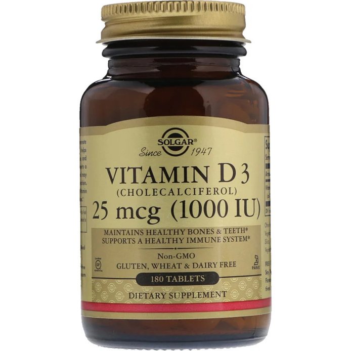 Витамин D3, 25 мкг, 1000 МЕ, Cholecalciferol, Solgar, 180 таблеток