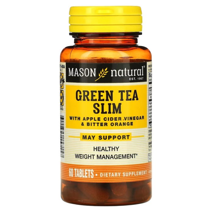 Зеленый чай с яблочным уксусом и горьким апельсином, Green Tea Slim with Apple Cider Vinegar&Bitter Orange, Mason Natural, 60 таблеток
